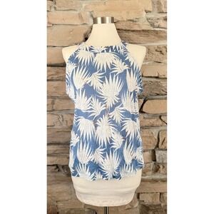Rachel Zoe Womens XL Blue White Palm Leaf 100% Linen High Neck Tank Top